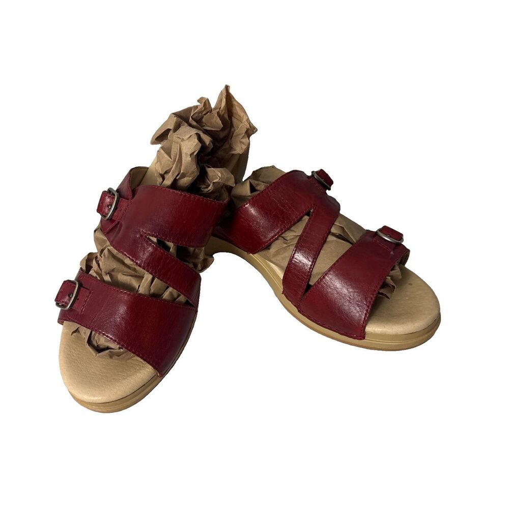 Dansko Sandals 38 Size 8 US Red Leather Shoes Wedge Buckle Casual Open Toe MINT